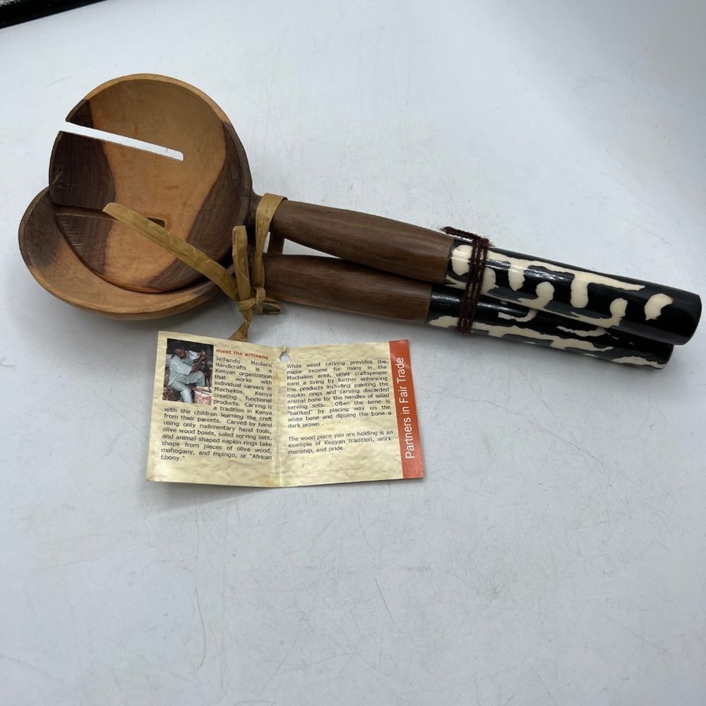11-INCH OLIVE WOOD AND BONE HANDLES SALAD SERVING SET
